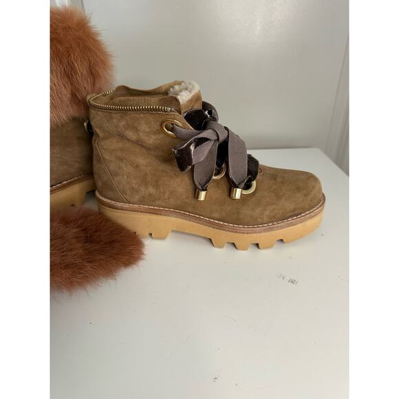 Rachel Zoe VAYL Kid Brown Suede Fur Cuffed Designer Hiking Boots Sz. 6.5 - Picture 8 of 14